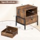Rustic brown nightstand with charging station, drawer, and open compartment, featuring metal slides and adjustable foot.