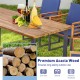 Set of 6 outdoor acacia wood dining chairs with navy seat back cushions, ideal for poolside or backyard use.