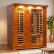 3-person infrared sauna made of Canadian hemlock and red cedar wood, featuring dual control panels and built-in.