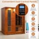 3-person infrared sauna made of Canadian hemlock and red cedar wood with dual control panels for adjustable temperature.