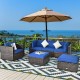 6-piece patio rattan furniture set with blue cushions, featuring sectional sofas and ottomans for versatile outdoor use.