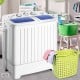 Compact twin tub washing machine with blue lid, featuring separate timer controls, ideal for home use and small spaces.