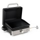 Portable gas griddle with a non-stick ceramic plate, high lid, and 12,500 BTU burner for outdoor cooking convenience.