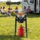 1 Burner propane stove with 80000 BTU, adjustable regulator, and hose, perfect for outdoor cooking and camping meals.