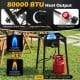 1 Burner propane stove with 80000 BTU heat output, adjustable regulator, and hose for outdoor cooking and camping.
