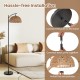 Arc floor lamp with a black pole and woven lampshade, showcasing hassle-free installation in a cozy living room setting.