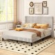 Queen size velvet bed frame with vertical channel tufted headboard in white, featuring plush upholstery and modern.