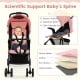 Toddler travel stroller in pink with adjustable backrest, 5-point harness, and breathable canopy for airplane use.