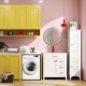 Compact laundry room setup featuring a white bathroom vanity, tall cabinet, and 2.6 Cu.ft portable dryer for efficient.
