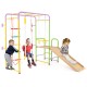 Multicolor metal indoor jungle gym with swings, slide, and monkey bars for kids over 3 years, promoting motor skills.