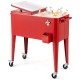 Red portable outdoor patio cooler cart with 80 Quart capacity, refrigeration insulation, and four wheels for easy.