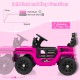 Pink 12V kids ride-on truck with soft start functions, steering wheel, and safety features for secure driving.