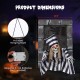 Hanging skull prisoner decoration with chains, 18 inches tall, features LED eyes and sound effects for Halloween scares.