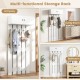 White wall-mounted coat rack featuring a storage cabinet and five metal hooks, ideal for entryways and living spaces.