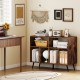 Rustic brown record player stand with open shelves, featuring AC outlets and USB ports for convenient charging.