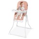 Compact pink highchair with adjustable tray, removable cushion, and safety harness for easy feeding and storage.