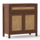 Brown sideboard storage cabinet with rattan doors and drawer, featuring adjustable shelf for versatile organization.