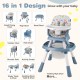 16-in-1 baby high chair in celadon, featuring adjustable height, activity center, and detachable double-sided tabletop.