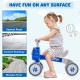 Blue baby balance bike with four wheels, featuring a carbon steel frame and noiseless EVA wheels for safe riding.