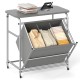 3-section laundry sorter with foldable ironing board, gray fabric, and lockable wheels for easy clothes organization.