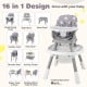 16-in-1 baby high chair in grey, featuring adjustable height, activity center, and detachable tabletop for versatile.