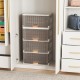 Four stackable storage bins with detachable wheels, featuring a modular design and easy access for organized storage.