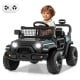 Battery-powered black kids' ride-on truck with remote control, LED headlights, and safety features for outdoor fun.
