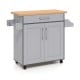 Rolling kitchen island cart in gray with spacious countertop, adjustable shelves, and towel/spice racks for easy.