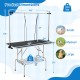 Foldable dog grooming table with height adjustable arms, non-slip waterproof surface, and storage tray for pet supplies.