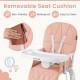 Removable pink PU seat cushion on Easy Clean Compact Highchair with adjustable tray for convenient feeding.