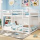 Full over full low-to-ground bunk bed in white with guardrails and integrated ladder, perfect for kids' bedrooms.