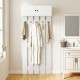 Wall-mounted coat rack in white with upper storage cabinet and five hooks, ideal for entryways and compact spaces.