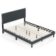 Queen size upholstered bed frame in dark gray with tufted headboard, wooden slats, and rubber wood legs for stability.