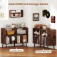 Record player stand in rustic brown with open shelves, AC outlets, and ample storage for vinyl records and devices.