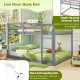 Low floor full over full bunk bed in gray with ample spacing, guardrails, and integrated ladder for kids' safety.
