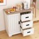 Farmhouse sideboard buffet cabinet in white with sliding doors and three drawers, ideal for kitchen and dining.