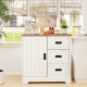 Farmhouse sideboard buffet cabinet in white with sliding doors, featuring three drawers for organized kitchen storage.