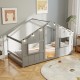 Twin size house bed in grey with LED lights and open windows, perfect for kids' independent sleep and play.