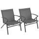 Set of 2 grey patio chairs with heavy-duty metal frame, contoured backrests, ideal for outdoor relaxation.