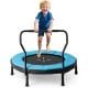 40-inch blue trampoline for kids featuring a padded edge and foam handle, ideal for indoor and outdoor play.