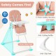 Easy Clean Compact Highchair in pink with adjustable tray, safety harness, and sturdy metal legs for secure seating.