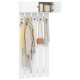 Wall-mounted coat rack in white with upper storage and five metal hooks, ideal for entryways and compact spaces.