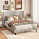 Queen size velvet bed frame with vertical channel tufted wingback headboard in white, perfect for modern bedroom decor.