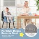 Portable baby high chair in celadon with adjustable height, 5-point harness, and detachable tray for versatile use.