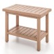 Teak utility bench with slatted design, perfect for laundry supplies and space-saving storage in compact rooms.