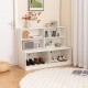 White entryway shoe cabinet featuring 4 storage cubes and 2 compartments, ideal for organizing shoes and accessories.