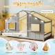Twin size house bed in grey with LED lights, featuring a playful design and open windows for imaginative play.
