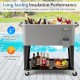Portable gray patio cooler with bottom storage shelf, 80-quart capacity, and bottle opener for outdoor gatherings.