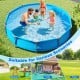 Family enjoying the 12 ft outdoor swimming pool with metal frame, perfect for backyard fun and easy assembly.