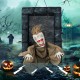 Hanging animated zombie prisoner decoration featuring a terrifying face and chains, ideal for creating a chilling.